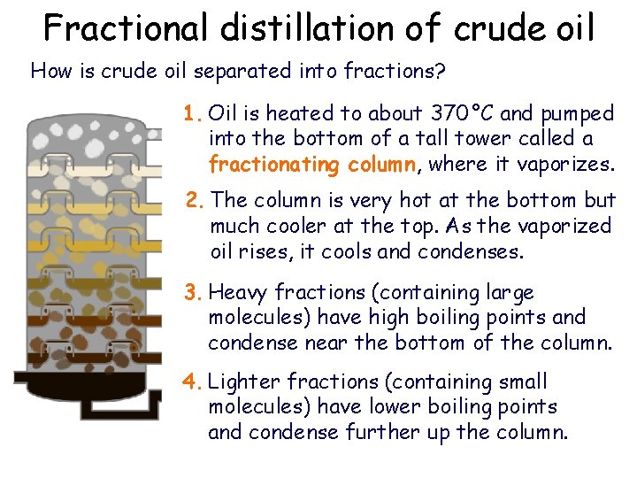 Fractional distillation of crude oil How is crude oil separated into fractions? 1. Oil