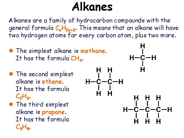 Alkanes are a family of hydrocarbon compounds with the general formula Cn. H 2