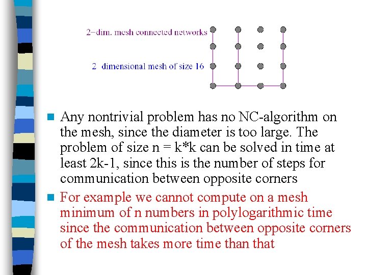 Any nontrivial problem has no NC-algorithm on the mesh, since the diameter is too