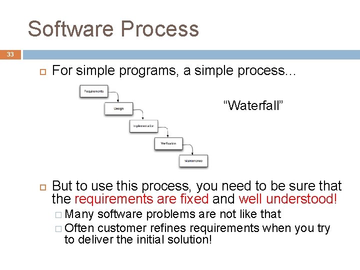 Software Process 33 For simple programs, a simple process… “Waterfall” But to use this