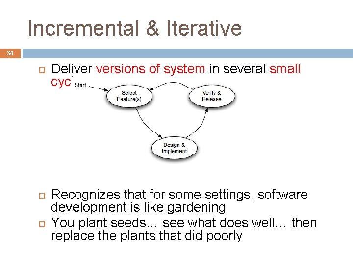 Incremental & Iterative 34 Deliver versions of system in several small cycles Recognizes that