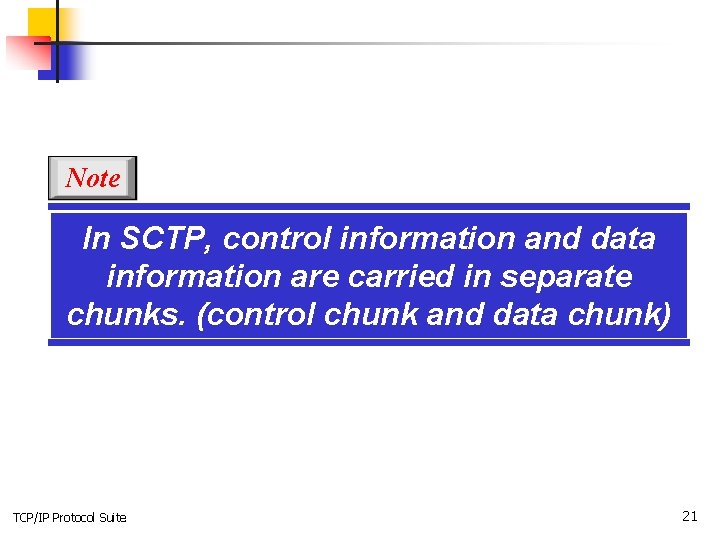 Note In SCTP, control information and data information are carried in separate chunks. (control