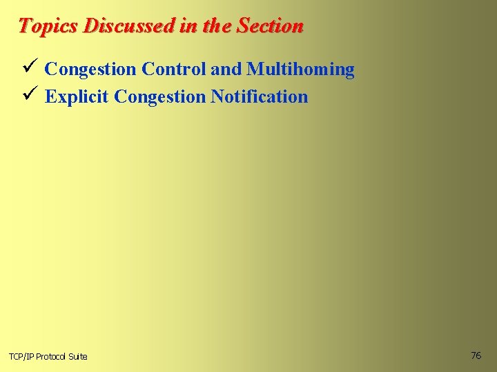 Topics Discussed in the Section ü Congestion Control and Multihoming ü Explicit Congestion Notification