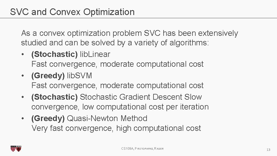 SVC and Convex Optimization As a convex optimization problem SVC has been extensively studied