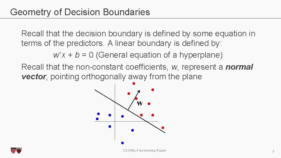 Geometry of Decision Boundaries Recall that the decision boundary is defined by some equation