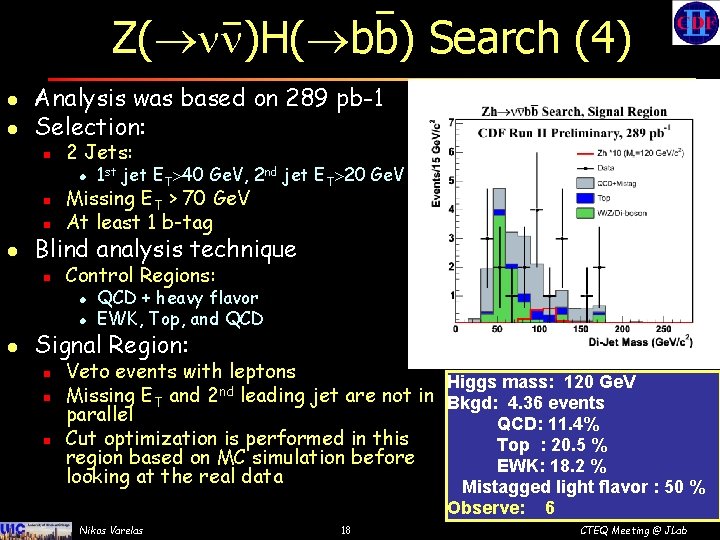 Z( )H( bb) Search (4) l l Analysis was based on 289 pb-1 Selection: