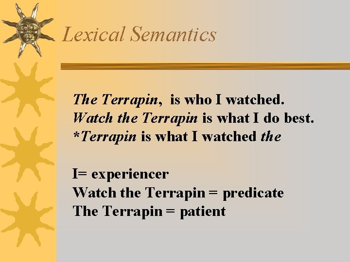 Lexical Semantics The Terrapin, is who I watched. Watch the Terrapin is what I