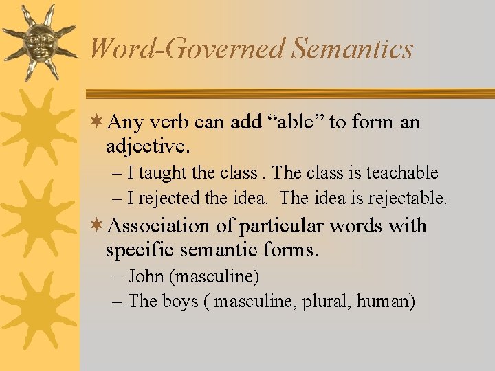 Word-Governed Semantics ¬Any verb can add “able” to form an adjective. – I taught