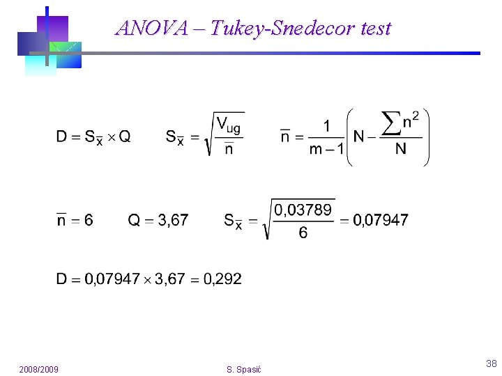 ANOVA – Tukey-Snedecor test 2008/2009 S. Spasić 38 