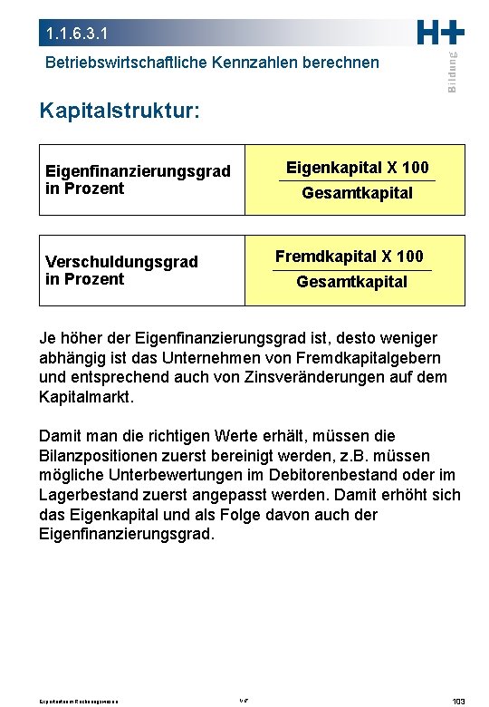 1. 1. 6. 3. 1 Betriebswirtschaftliche Kennzahlen berechnen Kapitalstruktur: Eigenkapital X 100 Eigenfinanzierungsgrad in