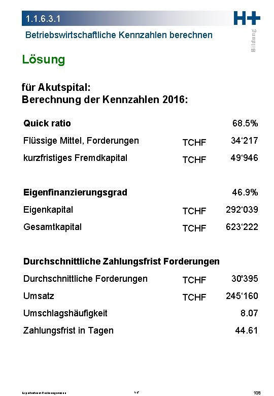 1. 1. 6. 3. 1 Betriebswirtschaftliche Kennzahlen berechnen Lösung für Akutspital: Berechnung der Kennzahlen 1. 1. 6. 3. 1 Betriebswirtschaftliche Kennzahlen berechnen Lösung für Akutspital: Berechnung der Kennzahlen