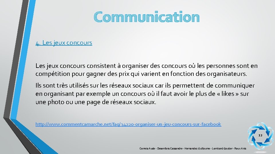 Communication 4. Les jeux concours consistent à organiser des concours où les personnes sont