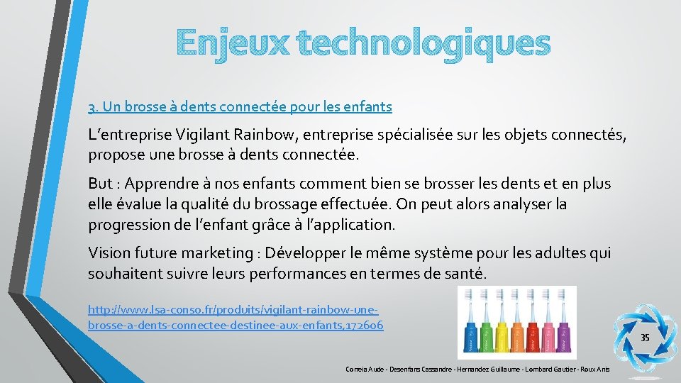 Enjeux technologiques 3. Un brosse à dents connectée pour les enfants L’entreprise Vigilant Rainbow,