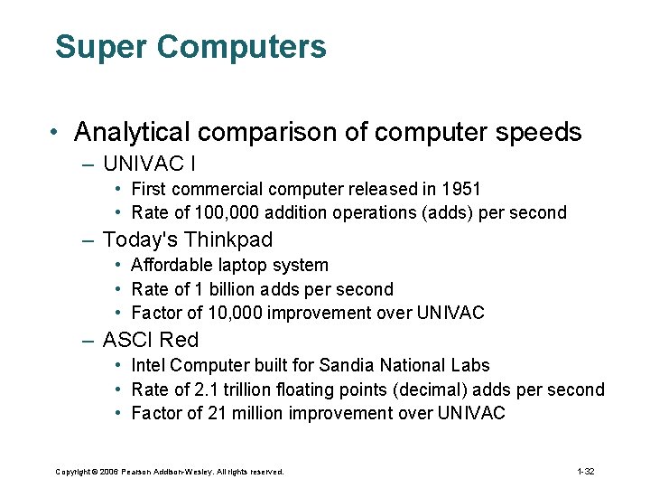 Super Computers • Analytical comparison of computer speeds – UNIVAC I • First commercial