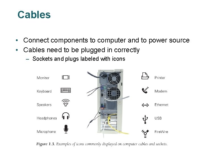 Cables • Connect components to computer and to power source • Cables need to