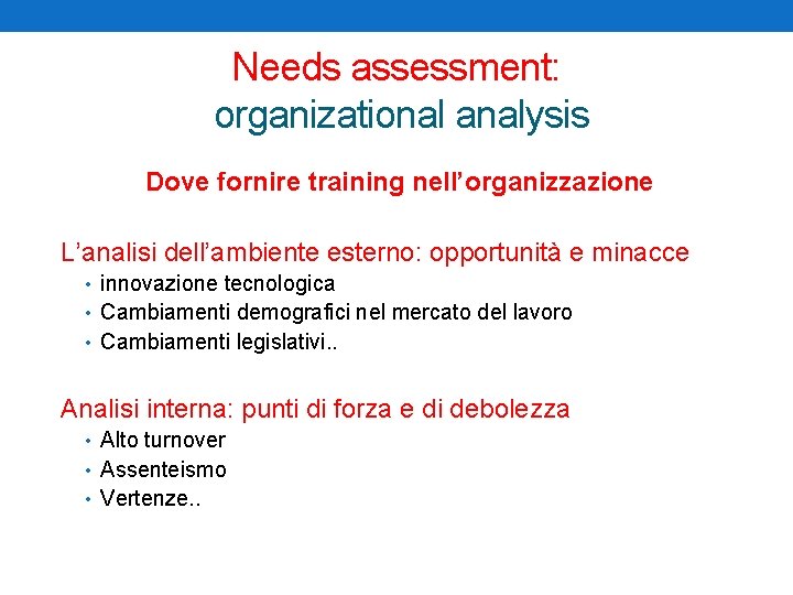 Needs assessment: organizational analysis Dove fornire training nell’organizzazione L’analisi dell’ambiente esterno: opportunità e minacce
