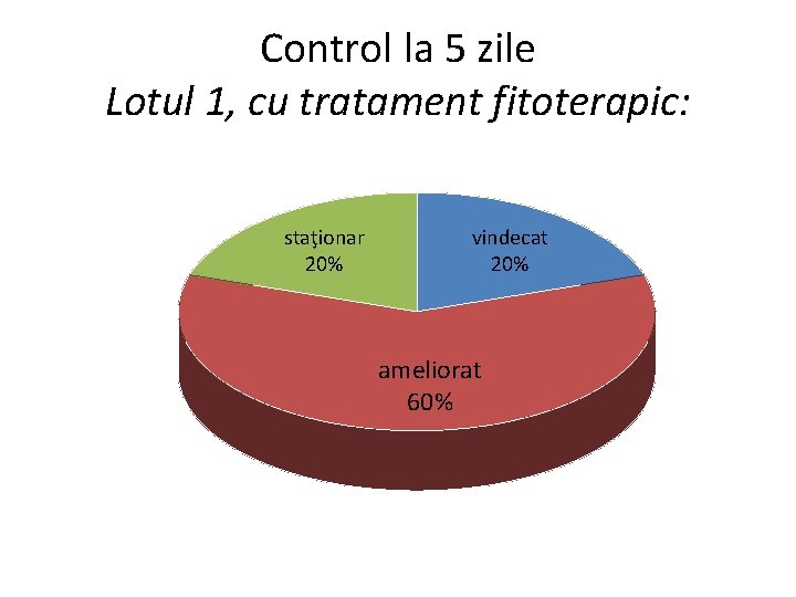 Control la 5 zile Lotul 1, cu tratament fitoterapic: staţionar 20% vindecat 20% ameliorat