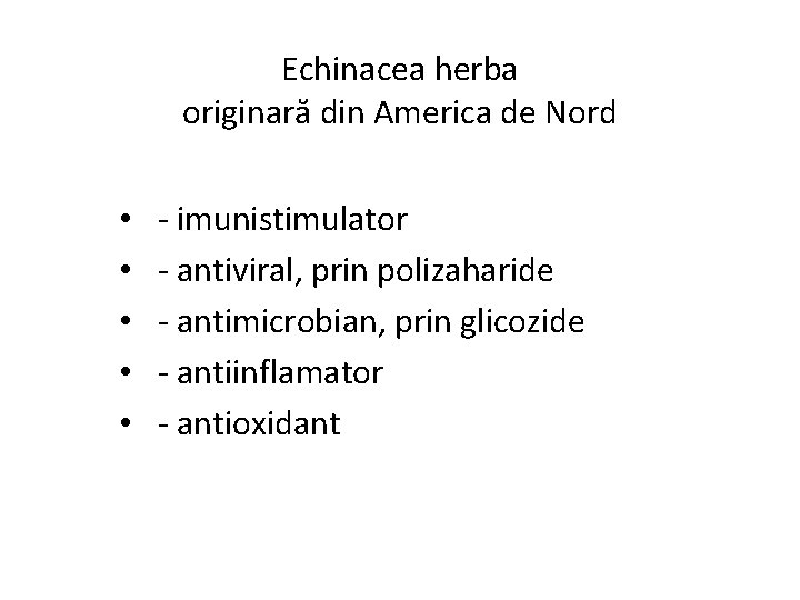 Echinacea herba originară din America de Nord • • • - imunistimulator - antiviral,