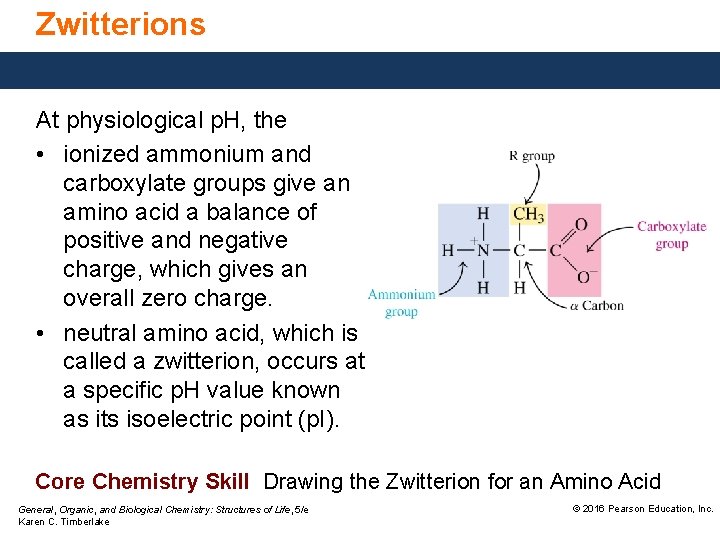 Zwitterions At physiological p. H, the • ionized ammonium and carboxylate groups give an