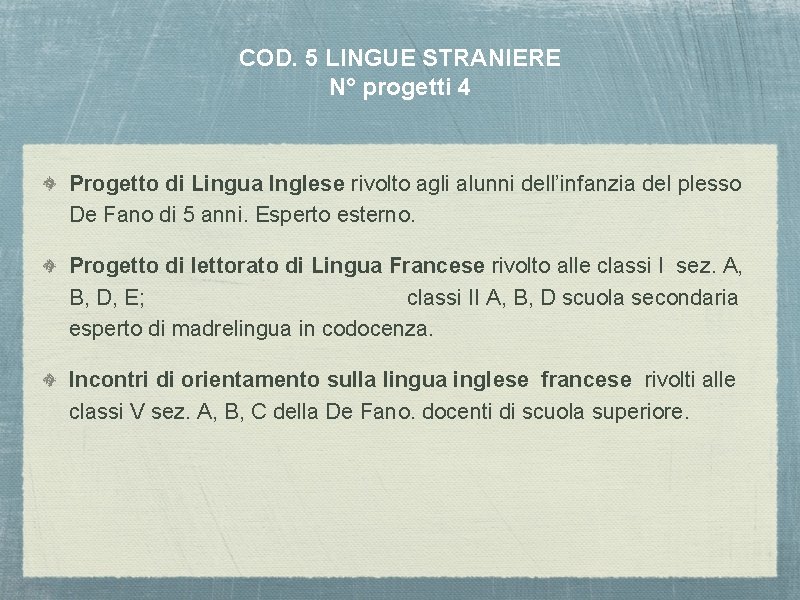 COD. 5 LINGUE STRANIERE N° progetti 4 Progetto di Lingua Inglese rivolto agli alunni