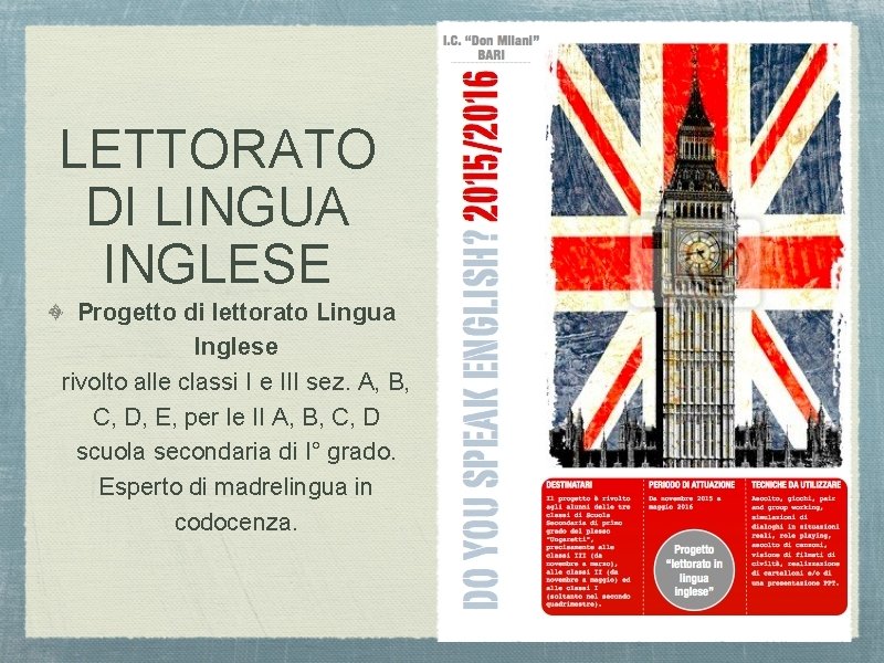 LETTORATO DI LINGUA INGLESE Progetto di lettorato Lingua Inglese rivolto alle classi I e