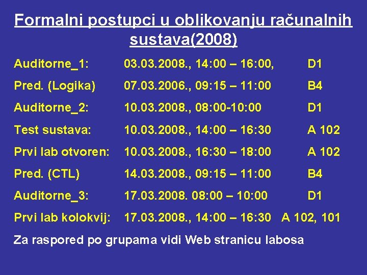 Formalni postupci u oblikovanju računalnih sustava(2008) Auditorne_1: 03. 2008. , 14: 00 – 16: