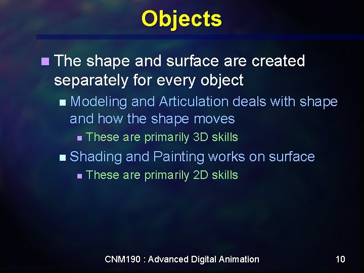 Objects n The shape and surface are created separately for every object n Modeling