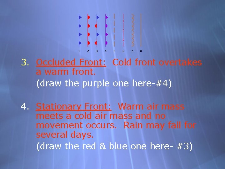 3. Occluded Front: Cold front overtakes a warm front. (draw the purple one here-#4)