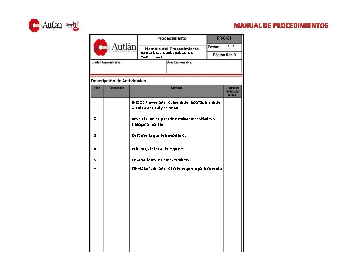 MANUAL DE PROCEDIMIENTOS Destrucción de bóvedas antiguas para construir nuevas. 1 INICIO: Prevee ladrillo,