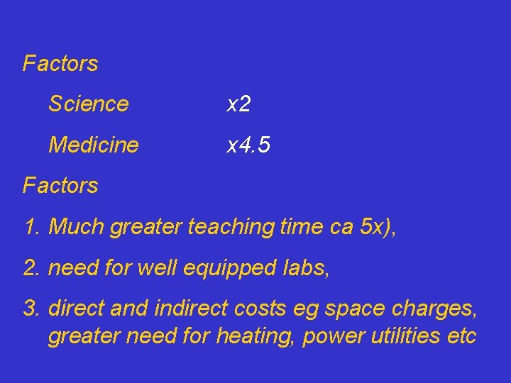 Factors Science x 2 Medicine x 4. 5 Factors 1. Much greater teaching time
