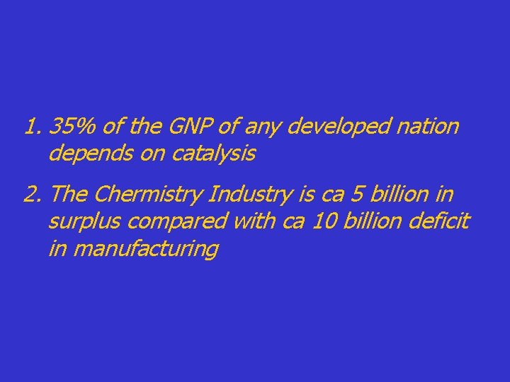 1. 35% of the GNP of any developed nation depends on catalysis 2. The