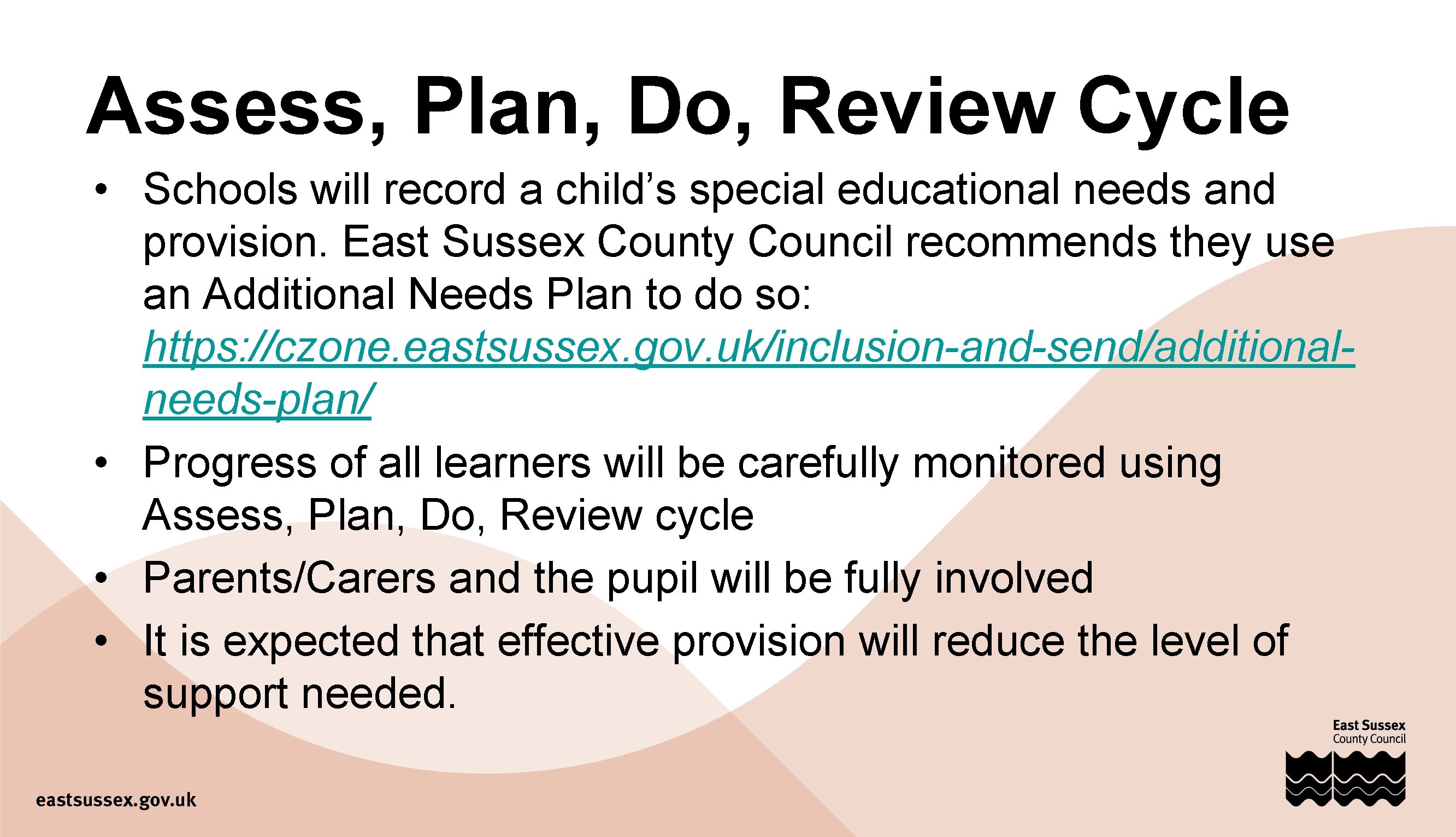 Assess, Plan, Do, Review Cycle • Schools will record a child’s special educational needs