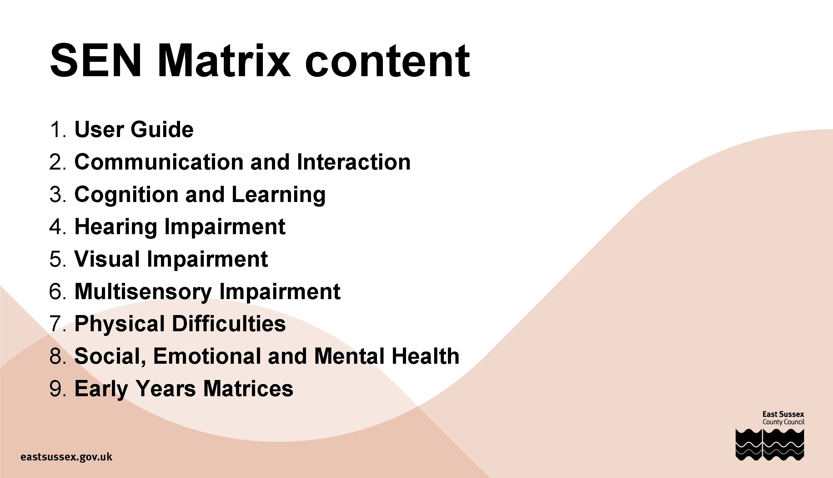 SEN Matrix content 1. User Guide 2. Communication and Interaction 3. Cognition and Learning
