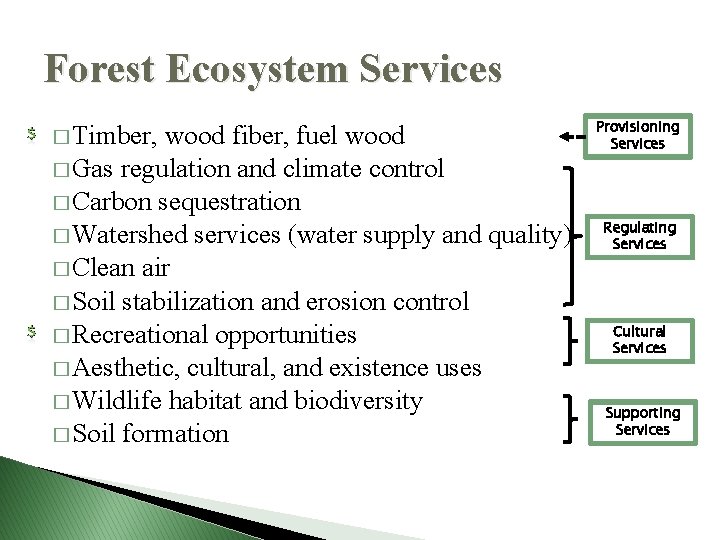 Forest Ecosystem Services � Timber, wood fiber, fuel wood � Gas regulation and climate