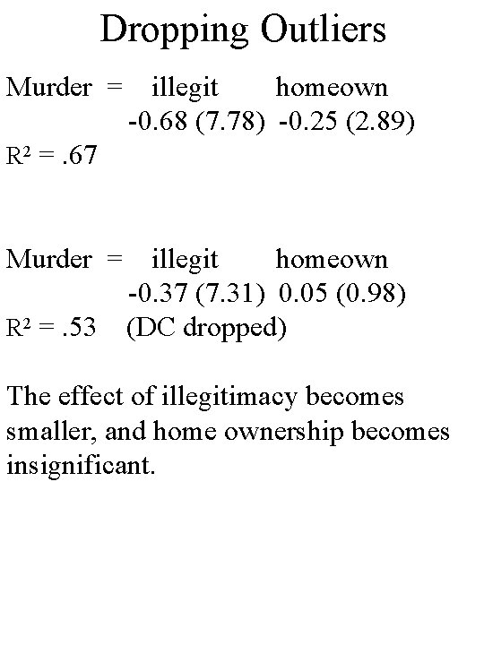 Dropping Outliers Murder = illegit homeown -0. 68 (7. 78) -0. 25 (2. 89)