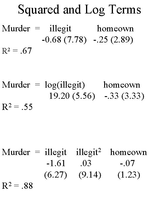 Squared and Log Terms Murder = illegit homeown -0. 68 (7. 78) -. 25