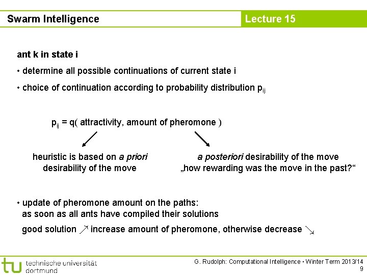 Swarm Intelligence Lecture 15 ant k in state i • determine all possible continuations