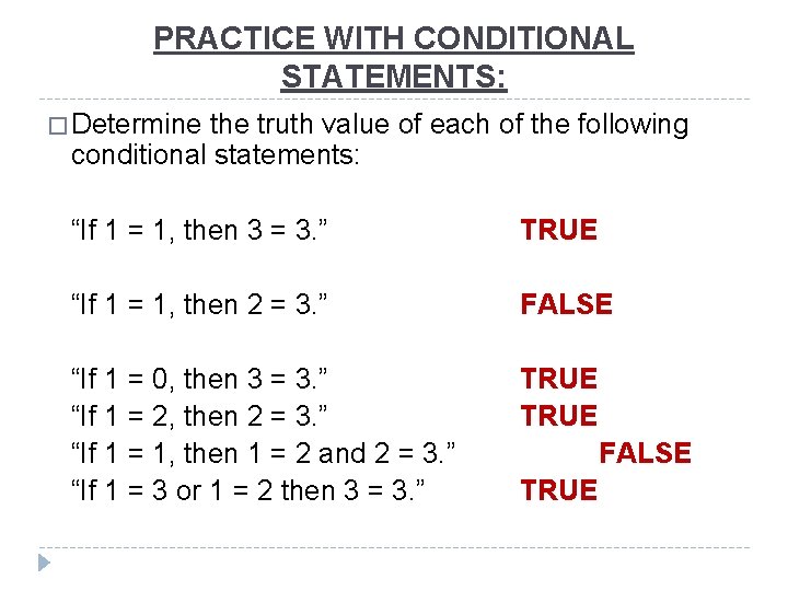 PRACTICE WITH CONDITIONAL STATEMENTS: � Determine the truth value of each of the following