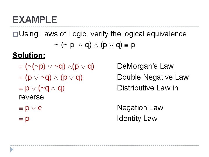 EXAMPLE � Using Laws of Logic, verify the logical equivalence. ~ (~ p q)