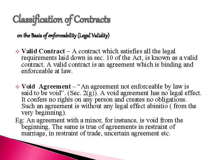 Classification of Contracts on the Basis of enforceability (Legal Validity) v Valid Contract –