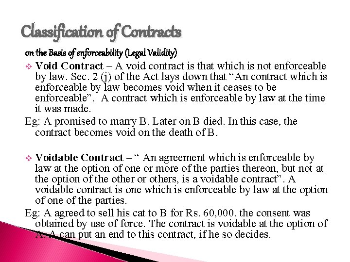 Classification of Contracts on the Basis of enforceability (Legal Validity) v Void Contract –