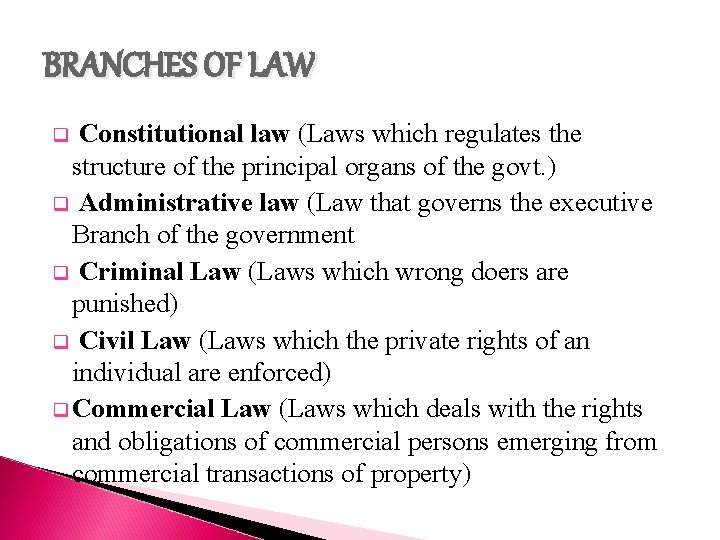 BRANCHES OF LAW Constitutional law (Laws which regulates the structure of the principal organs