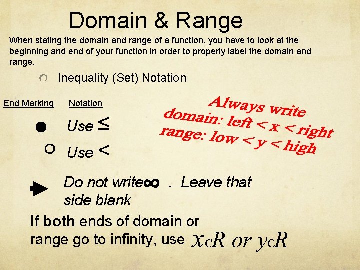 Domain & Range When stating the domain and range of a function, you have