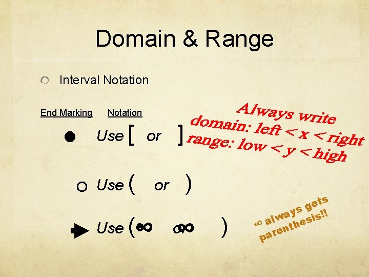 Domain & Range Interval Notation End Marking • ◦ Notation Use [ or Use