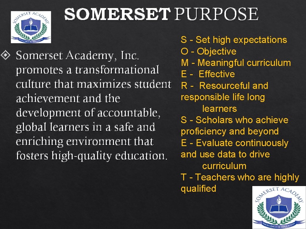 SOMERSET PURPOSE Somerset Academy, Inc. promotes a transformational culture that maximizes student achievement and