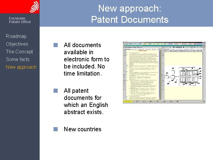The European Patent Office New approach: Patent Documents Roadmap Objectives The Concept Some facts