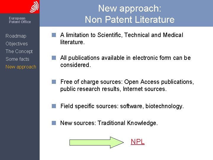 The European Patent Office Roadmap Objectives New approach: Non Patent Literature A limitation to