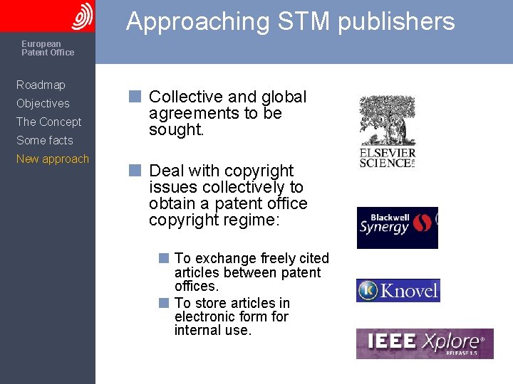 Approaching STM publishers The European Patent Office Roadmap Objectives The Concept Some facts New