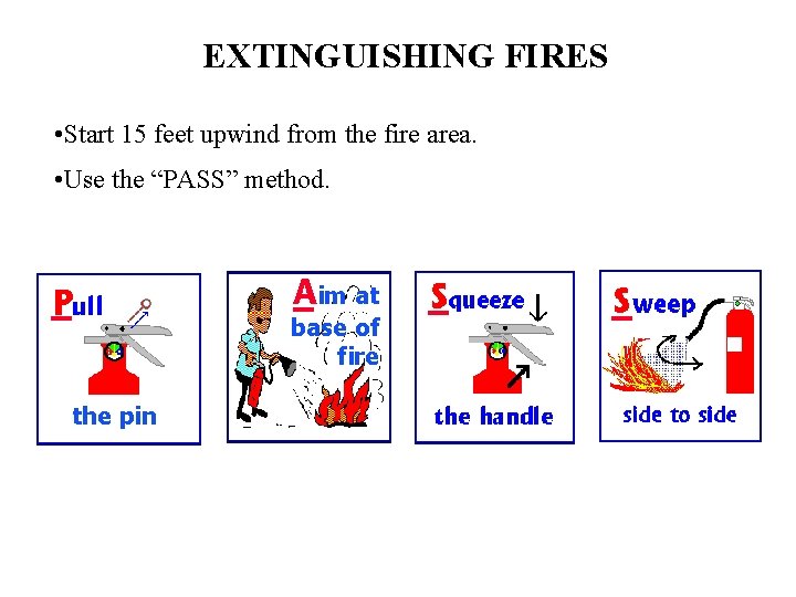 EXTINGUISHING FIRES • Start 15 feet upwind from the fire area. • Use the