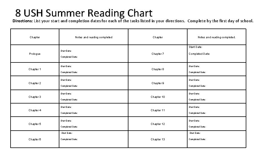 8 USH Summer Reading Chart Directions List your